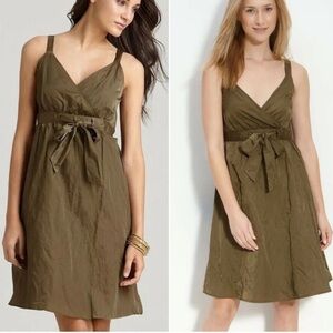 Eileen Fisher dress Steel Satin Faux Wrap Surplice Olivine NEW sz 10